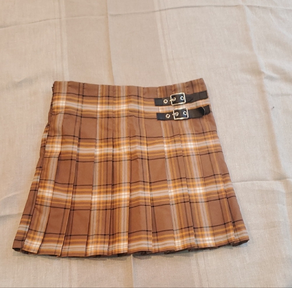 No Boundaries Brown Plaid Mini Skirt with Buckle Detail